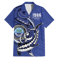 Personalized FSM 1986 Independence Day Family Matching Mermaid Dress and Hawaiian Shirt Polynesian Shark Tattoo Style LT9 Dad's Shirt - Short Sleeve Blue - Polynesian Pride