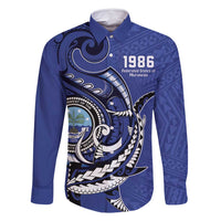 Personalized FSM 1986 Independence Day Family Matching Mermaid Dress and Hawaiian Shirt Polynesian Shark Tattoo Style LT9 Dad's Shirt - Long Sleeve Blue - Polynesian Pride