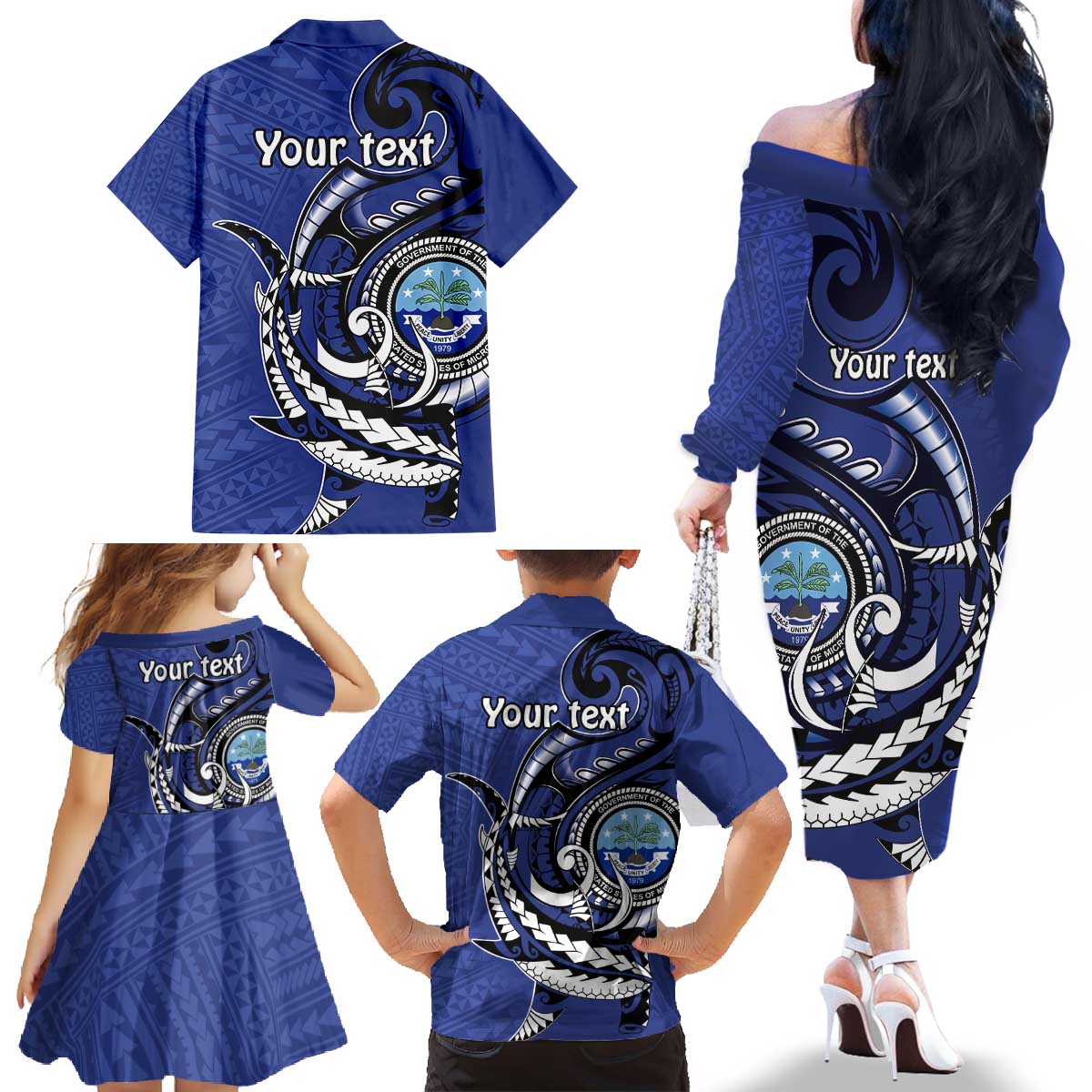 Personalized FSM 1986 Independence Day Family Matching Off The Shoulder Long Sleeve Dress and Hawaiian Shirt Polynesian Shark Tattoo Style LT9 - Polynesian Pride