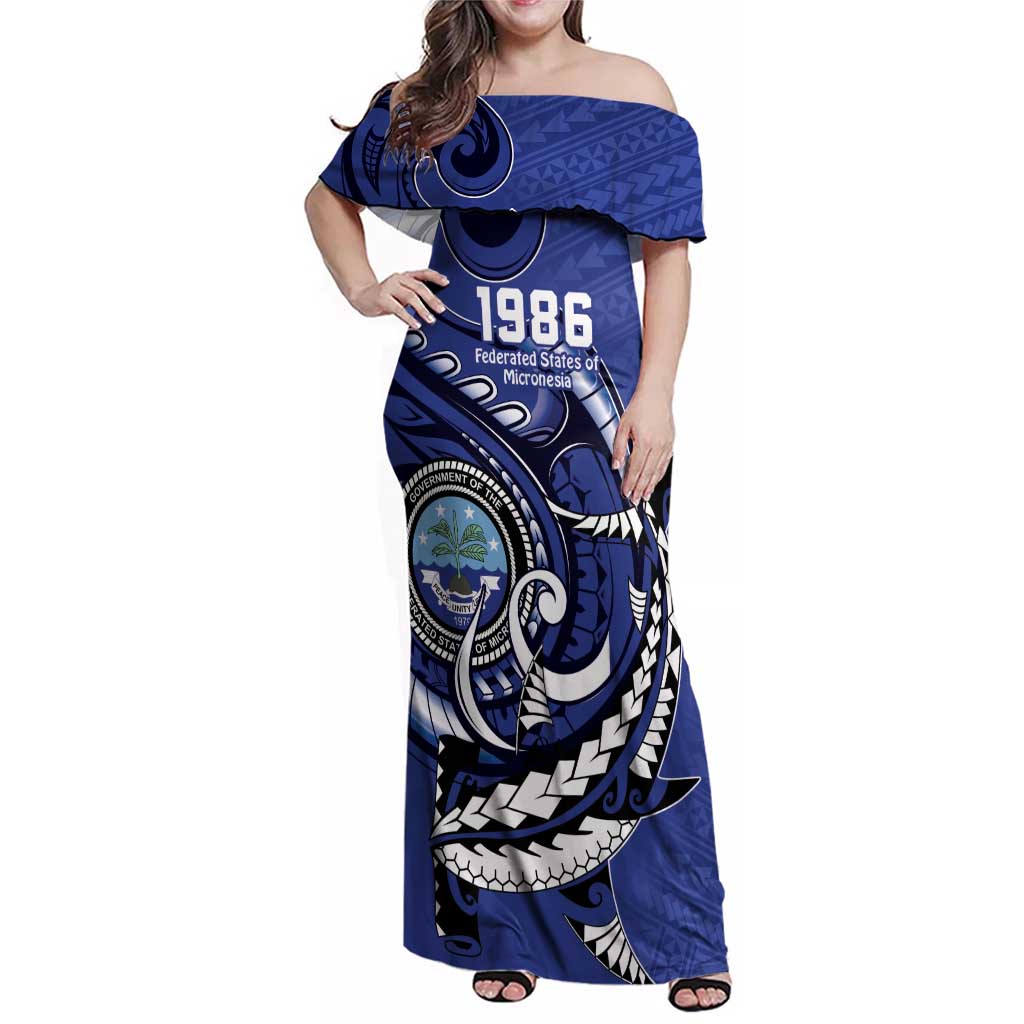 Personalized FSM 1986 Independence Day Family Matching Off Shoulder Maxi Dress and Hawaiian Shirt Polynesian Shark Tattoo Style LT9 Mom's Dress Blue - Polynesian Pride