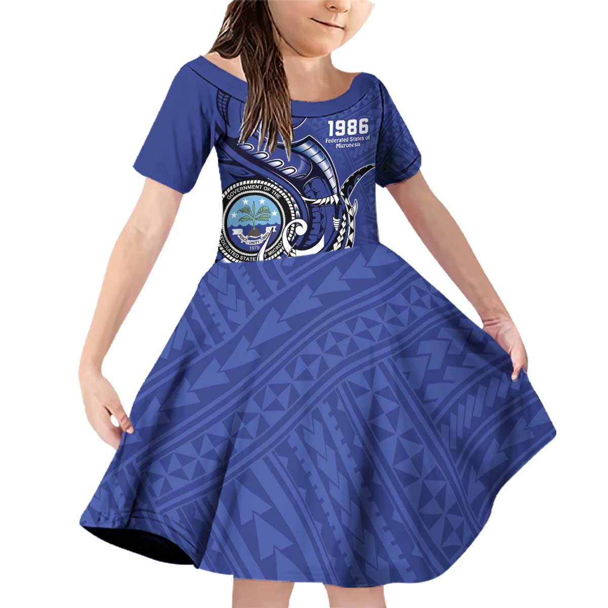 Personalized FSM 1986 Independence Day Family Matching Off Shoulder Short Dress and Hawaiian Shirt Polynesian Shark Tattoo Style LT9 Daughter's Dress Blue - Polynesian Pride