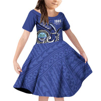 Personalized FSM 1986 Independence Day Family Matching Off Shoulder Short Dress and Hawaiian Shirt Polynesian Shark Tattoo Style LT9 Daughter's Dress Blue - Polynesian Pride