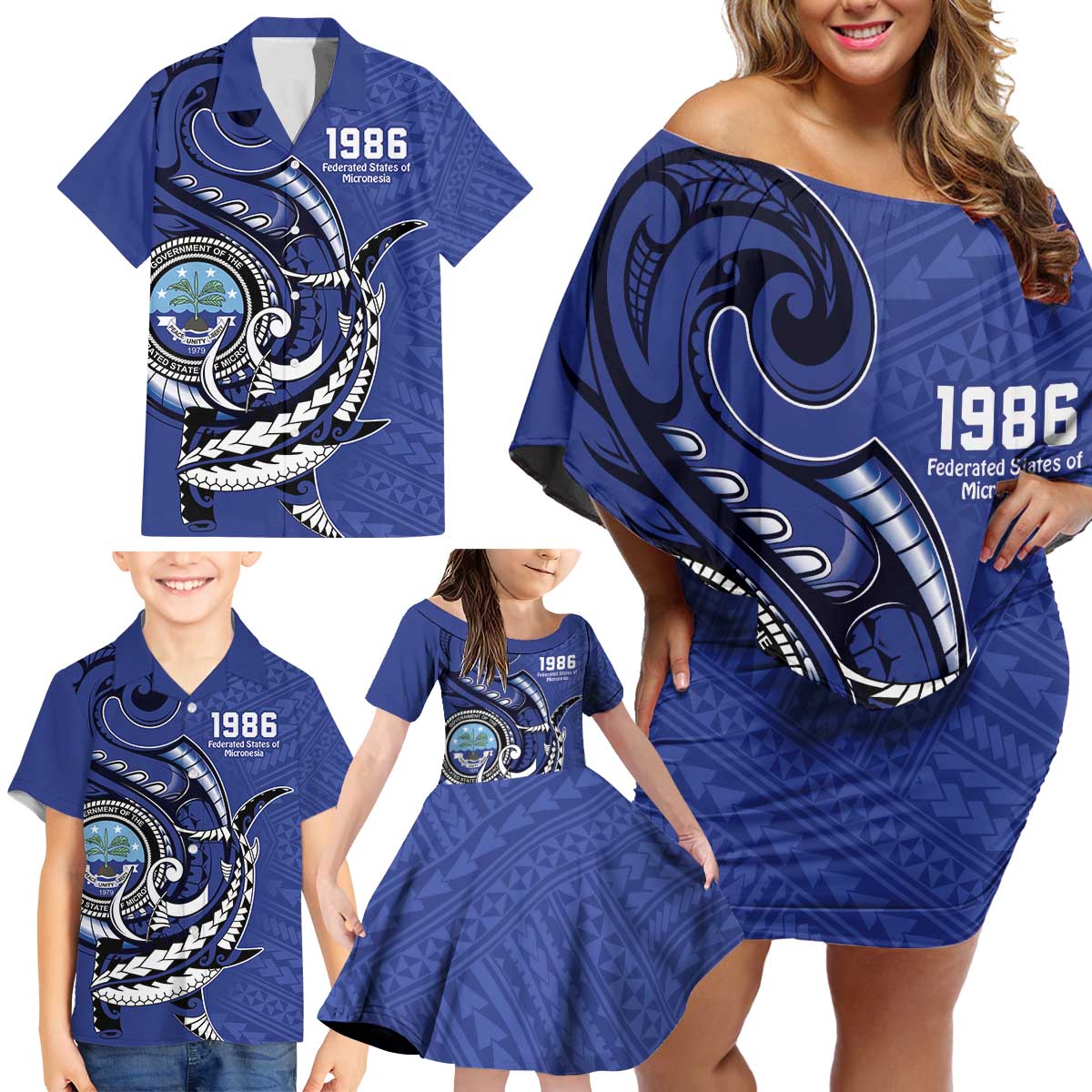 Personalized FSM 1986 Independence Day Family Matching Off Shoulder Short Dress and Hawaiian Shirt Polynesian Shark Tattoo Style LT9 - Polynesian Pride