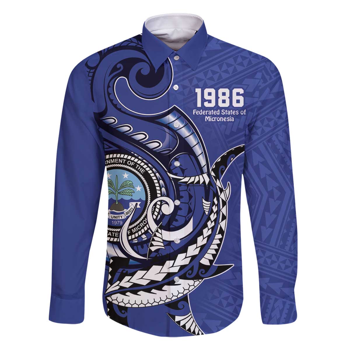 Personalized FSM 1986 Independence Day Family Matching Off Shoulder Short Dress and Hawaiian Shirt Polynesian Shark Tattoo Style LT9 Dad's Shirt - Long Sleeve Blue - Polynesian Pride