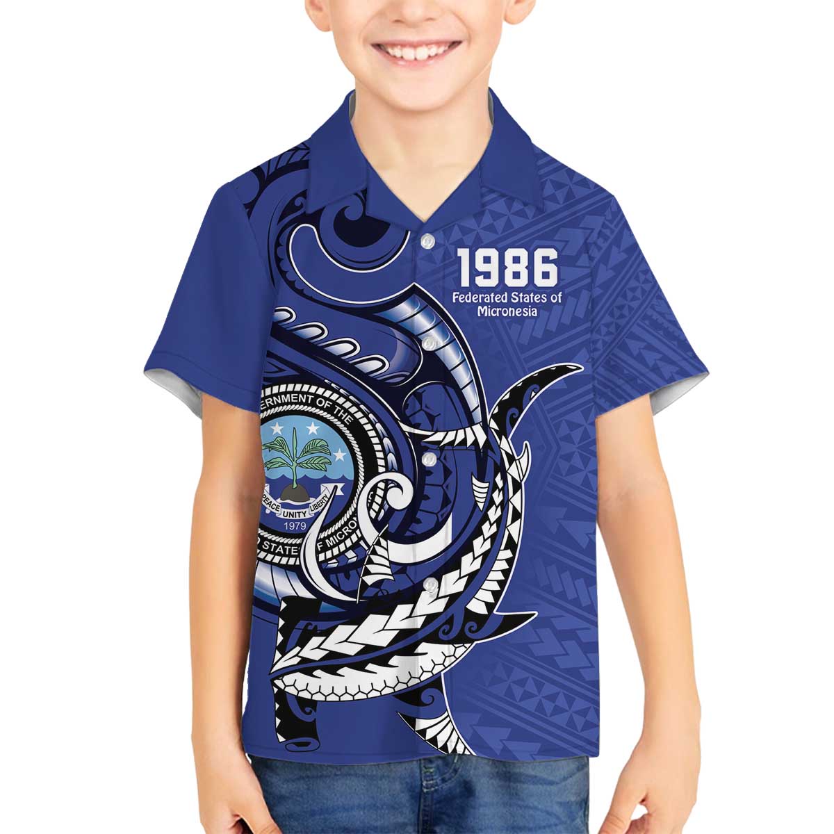 Personalized FSM 1986 Independence Day Family Matching Off Shoulder Short Dress and Hawaiian Shirt Polynesian Shark Tattoo Style LT9 Son's Shirt Blue - Polynesian Pride