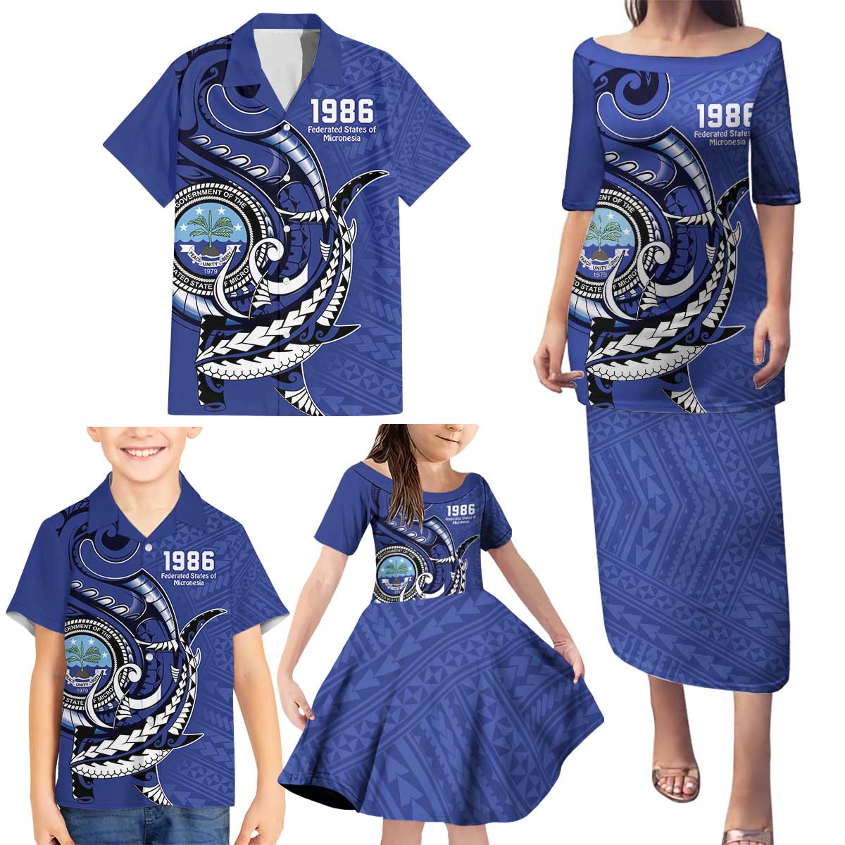 Personalized FSM 1986 Independence Day Family Matching Puletasi and Hawaiian Shirt Polynesian Shark Tattoo Style LT9 - Polynesian Pride