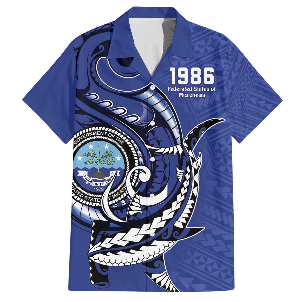 Personalized FSM 1986 Independence Day Family Matching Puletasi and Hawaiian Shirt Polynesian Shark Tattoo Style LT9 Dad's Shirt - Short Sleeve Blue - Polynesian Pride