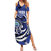 Personalized FSM 1986 Independence Day Family Matching Summer Maxi Dress and Hawaiian Shirt Polynesian Shark Tattoo Style LT9 Mom's Dress Blue - Polynesian Pride