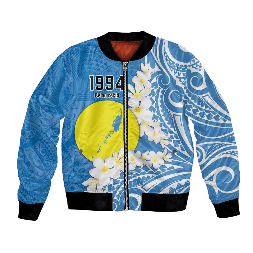 Personalized Palau 1994 Belau Rekid Bomber Jacket Polynesian Plumeria Style LT9 Unisex Blue - Polynesian Pride