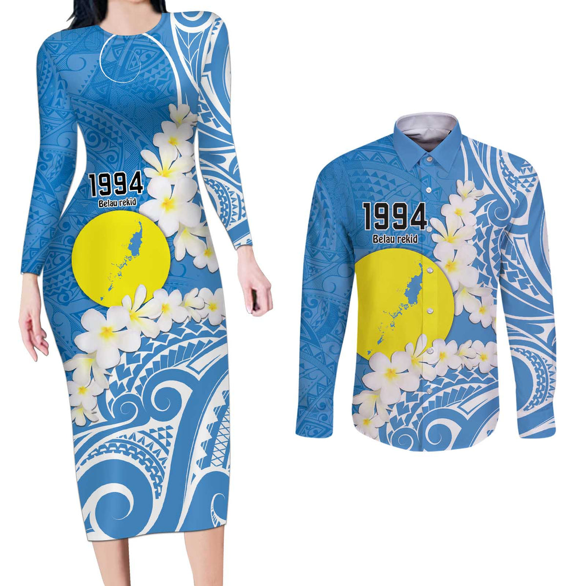 Personalized Palau 1994 Belau Rekid Couples Matching Long Sleeve Bodycon Dress and Long Sleeve Button Shirt Polynesian Plumeria Style LT9 Blue - Polynesian Pride