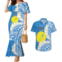 Personalized Palau 1994 Belau Rekid Couples Matching Mermaid Dress and Hawaiian Shirt Polynesian Plumeria Style LT9 Blue - Polynesian Pride