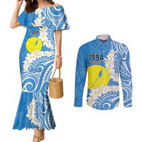 Personalized Palau 1994 Belau Rekid Couples Matching Mermaid Dress and Long Sleeve Button Shirt Polynesian Plumeria Style LT9 Blue - Polynesian Pride