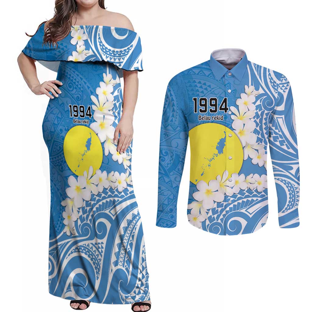 Personalized Palau 1994 Belau Rekid Couples Matching Off Shoulder Maxi Dress and Long Sleeve Button Shirt Polynesian Plumeria Style LT9 Blue - Polynesian Pride