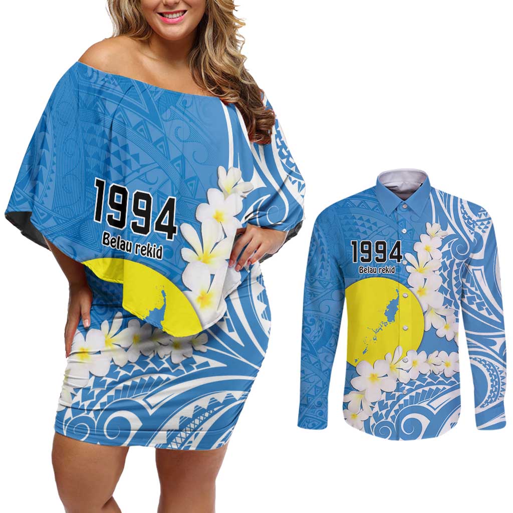 Personalized Palau 1994 Belau Rekid Couples Matching Off Shoulder Short Dress and Long Sleeve Button Shirt Polynesian Plumeria Style LT9 Blue - Polynesian Pride