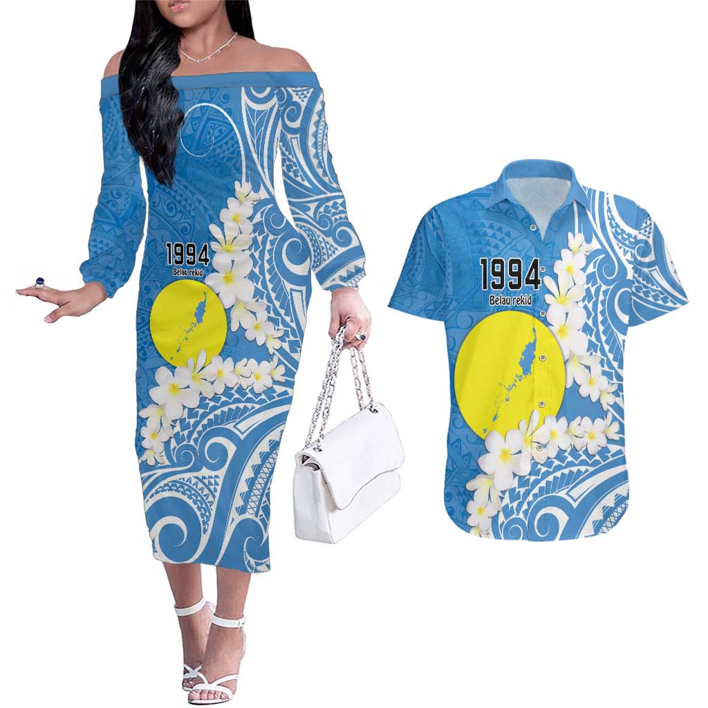 Personalized Palau 1994 Belau Rekid Couples Matching Off The Shoulder Long Sleeve Dress and Hawaiian Shirt Polynesian Plumeria Style LT9 Blue - Polynesian Pride
