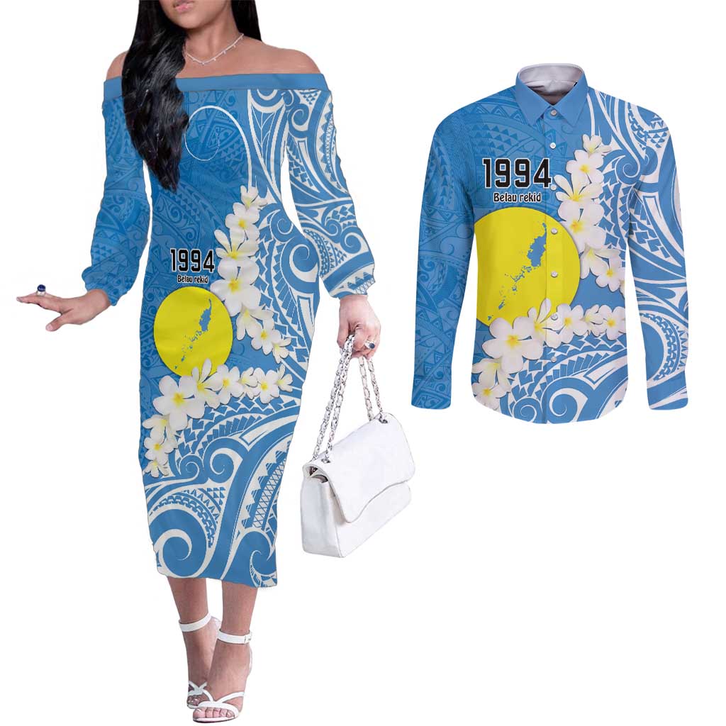 Personalized Palau 1994 Belau Rekid Couples Matching Off The Shoulder Long Sleeve Dress and Long Sleeve Button Shirt Polynesian Plumeria Style LT9 Blue - Polynesian Pride