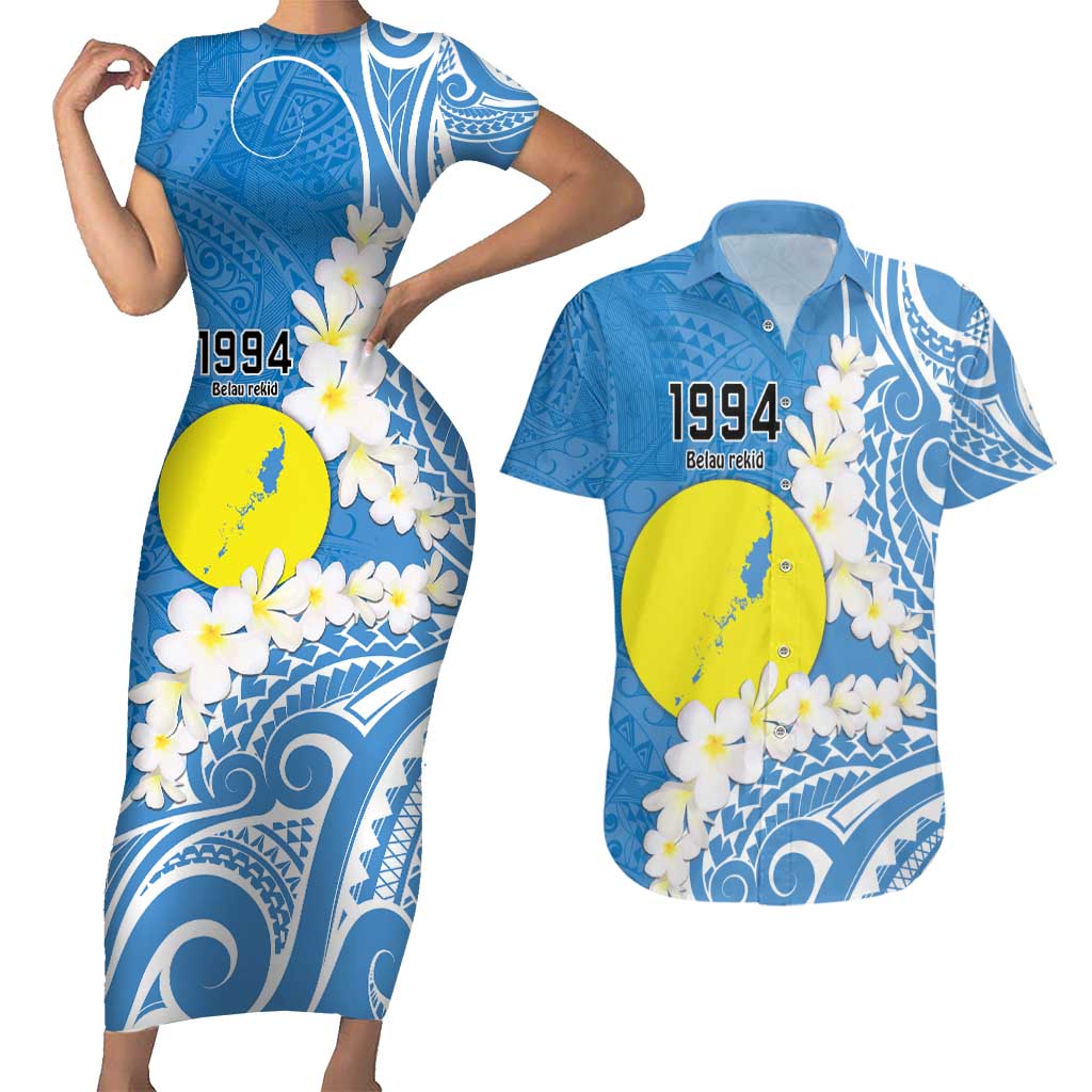 Personalized Palau 1994 Belau Rekid Couples Matching Short Sleeve Bodycon Dress and Hawaiian Shirt Polynesian Plumeria Style LT9 Blue - Polynesian Pride