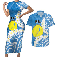 Personalized Palau 1994 Belau Rekid Couples Matching Short Sleeve Bodycon Dress and Hawaiian Shirt Polynesian Plumeria Style LT9 Blue - Polynesian Pride