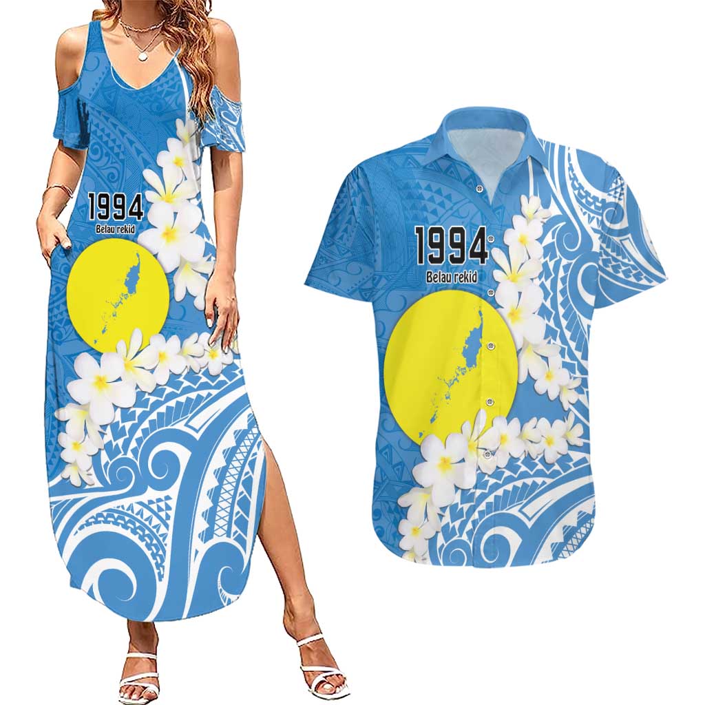 Personalized Palau 1994 Belau Rekid Couples Matching Summer Maxi Dress and Hawaiian Shirt Polynesian Plumeria Style LT9 Blue - Polynesian Pride