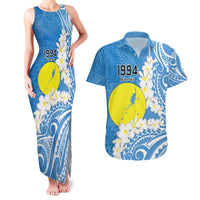 Personalized Palau 1994 Belau Rekid Couples Matching Tank Maxi Dress and Hawaiian Shirt Polynesian Plumeria Style LT9 Blue - Polynesian Pride