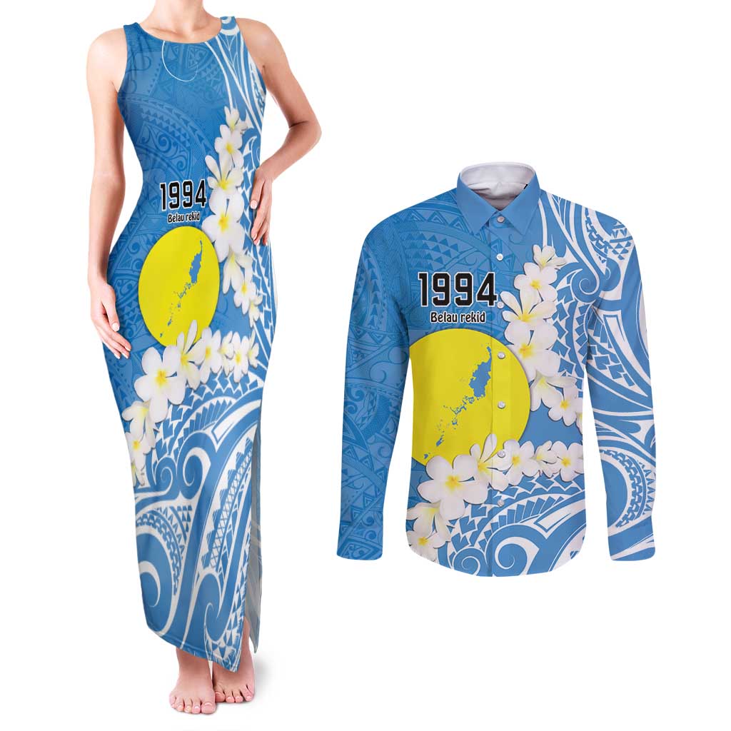Personalized Palau 1994 Belau Rekid Couples Matching Tank Maxi Dress and Long Sleeve Button Shirt Polynesian Plumeria Style LT9 Blue - Polynesian Pride