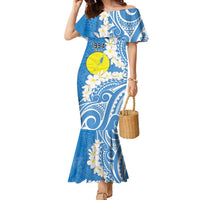 Personalized Palau 1994 Belau Rekid Family Matching Mermaid Dress and Hawaiian Shirt Polynesian Plumeria Style LT9 Mom's Dress Blue - Polynesian Pride