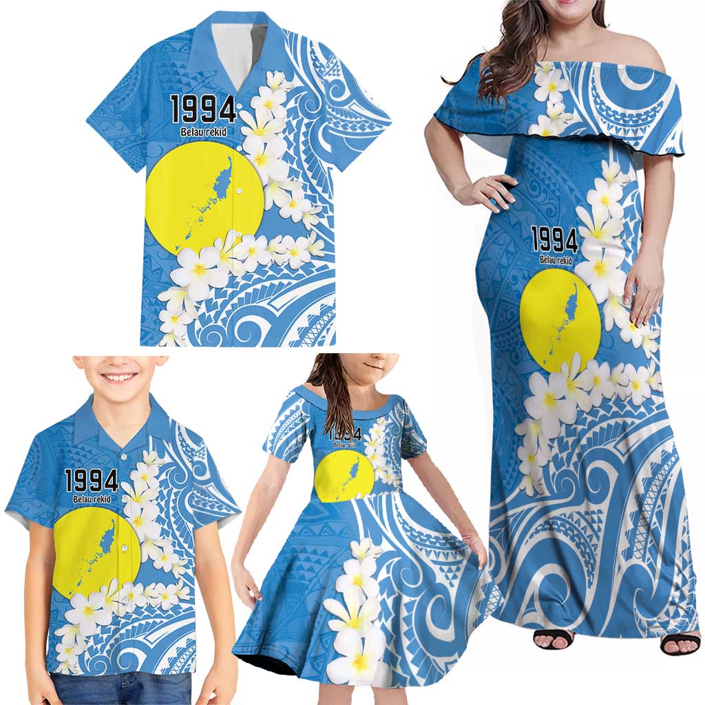 Personalized Palau 1994 Belau Rekid Family Matching Off Shoulder Maxi Dress and Hawaiian Shirt Polynesian Plumeria Style LT9 - Polynesian Pride