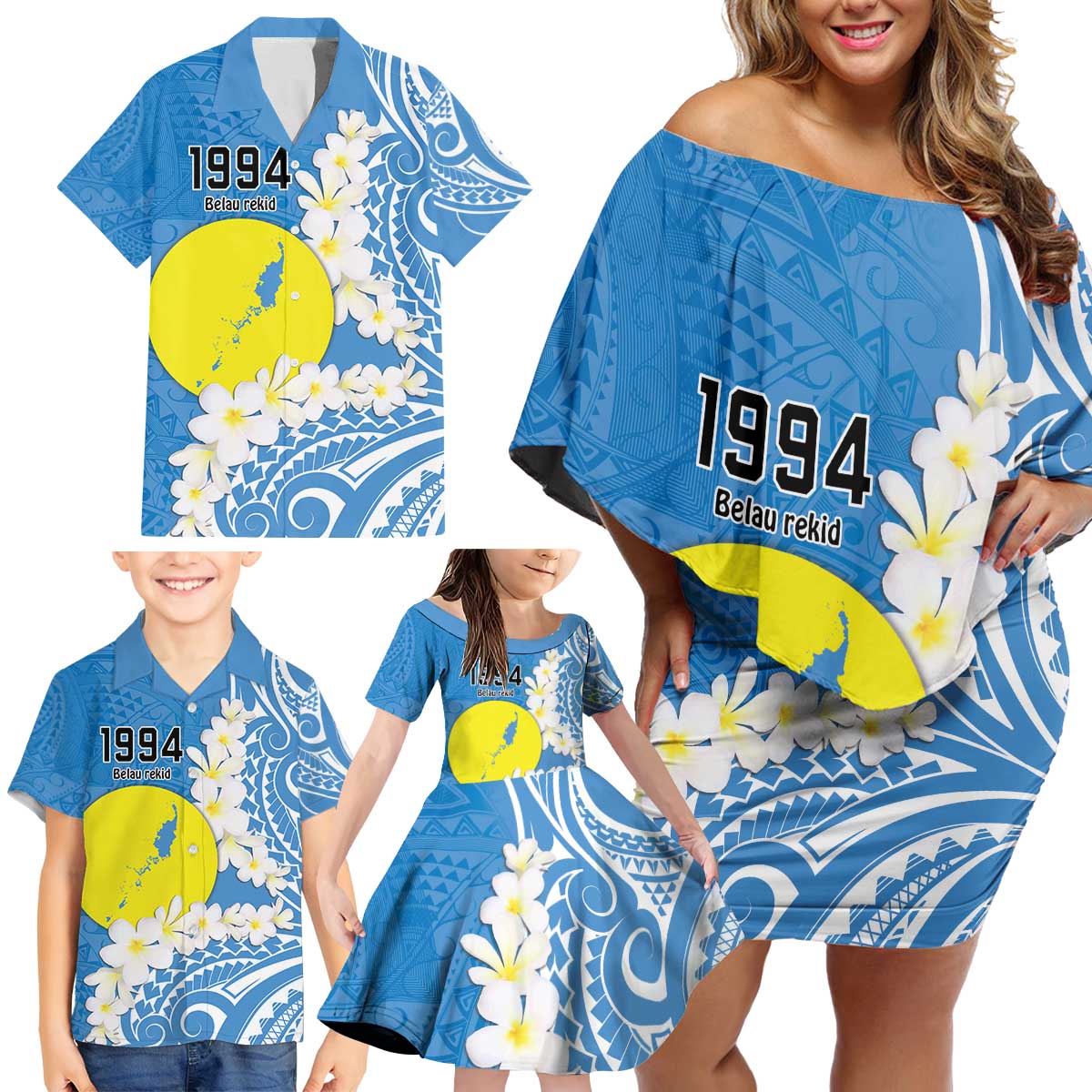 Personalized Palau 1994 Belau Rekid Family Matching Off Shoulder Short Dress and Hawaiian Shirt Polynesian Plumeria Style LT9 - Polynesian Pride
