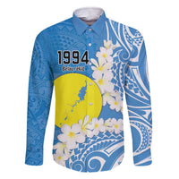 Personalized Palau 1994 Belau Rekid Family Matching Off Shoulder Short Dress and Hawaiian Shirt Polynesian Plumeria Style LT9 Dad's Shirt - Long Sleeve Blue - Polynesian Pride