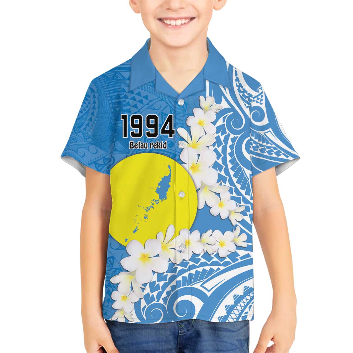 Personalized Palau 1994 Belau Rekid Family Matching Puletasi and Hawaiian Shirt Polynesian Plumeria Style LT9 Son's Shirt Blue - Polynesian Pride