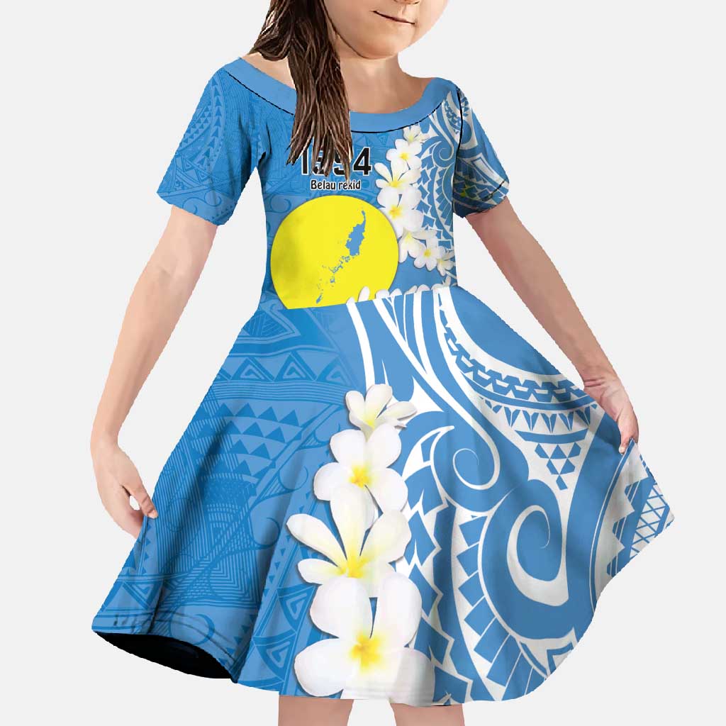 Personalized Palau 1994 Belau Rekid Family Matching Short Sleeve Bodycon Dress and Hawaiian Shirt Polynesian Plumeria Style LT9 Daughter's Dress Blue - Polynesian Pride