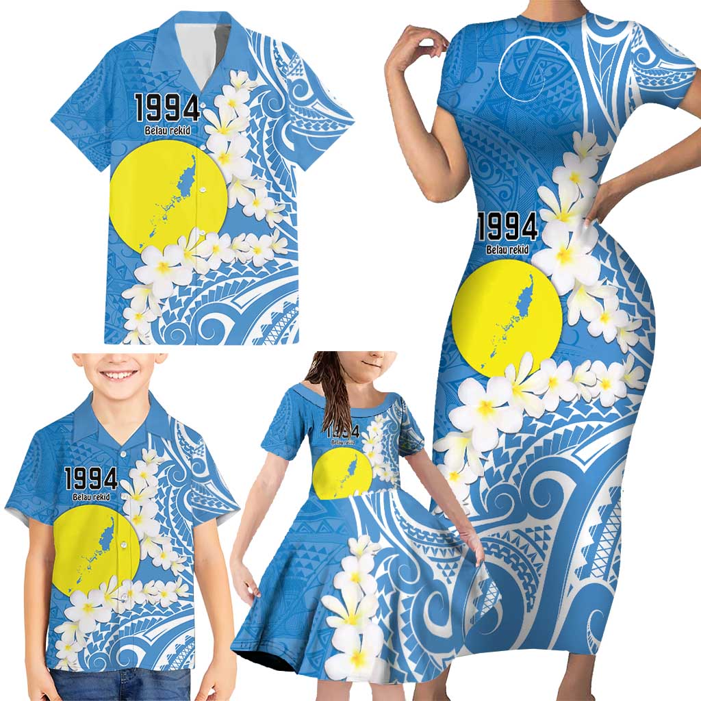 Personalized Palau 1994 Belau Rekid Family Matching Short Sleeve Bodycon Dress and Hawaiian Shirt Polynesian Plumeria Style LT9 - Polynesian Pride