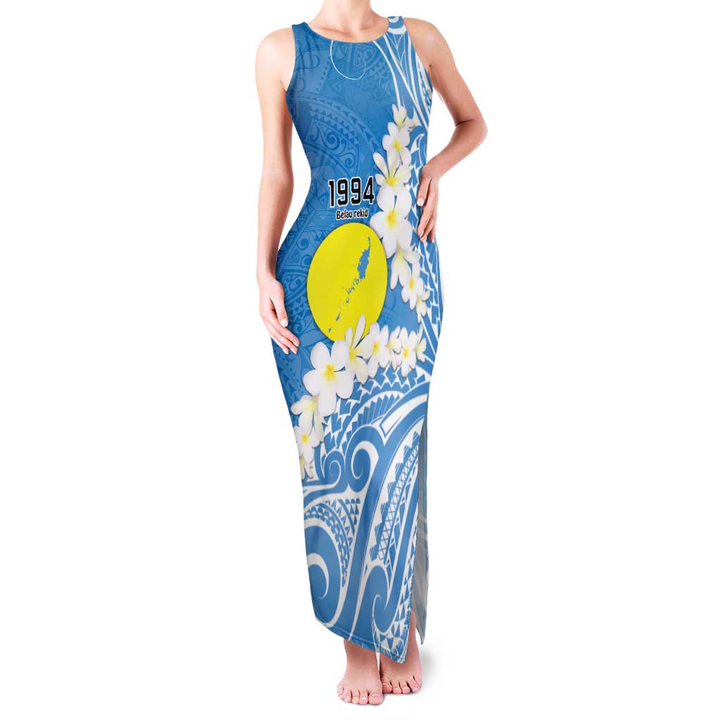 Personalized Palau 1994 Belau Rekid Family Matching Tank Maxi Dress and Hawaiian Shirt Polynesian Plumeria Style LT9 Mom's Dress Blue - Polynesian Pride