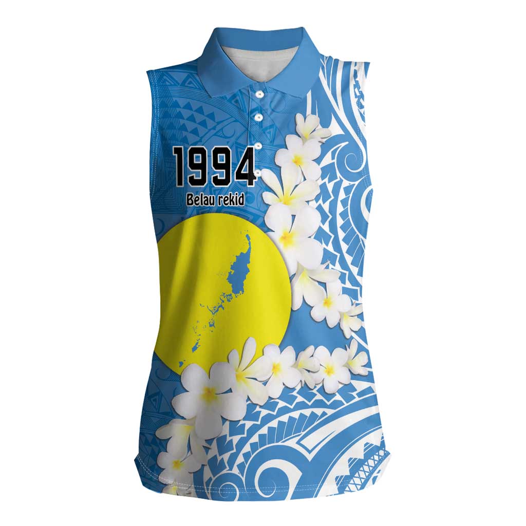 Personalized Palau 1994 Belau Rekid Women Sleeveless Polo Shirt Polynesian Plumeria Style LT9 Female Blue - Polynesian Pride