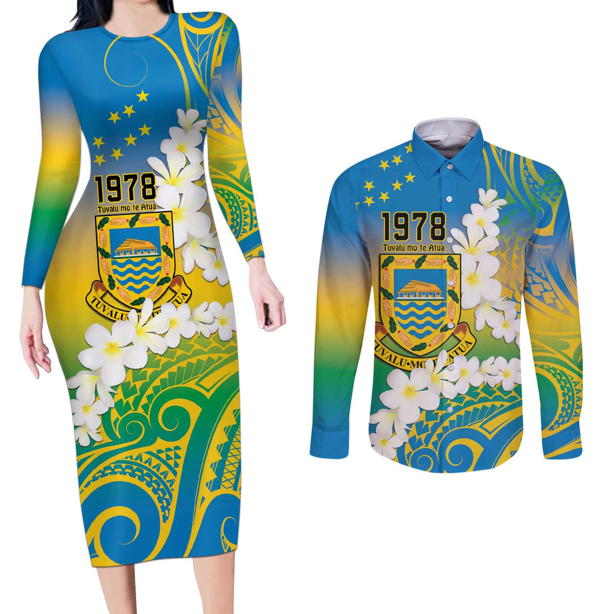 Personalised Tuvalu 1978 Independence Day Couples Matching Long Sleeve Bodycon Dress and Long Sleeve Button Shirt Polynesian Plumeria Style LT9 Gradient - Polynesian Pride