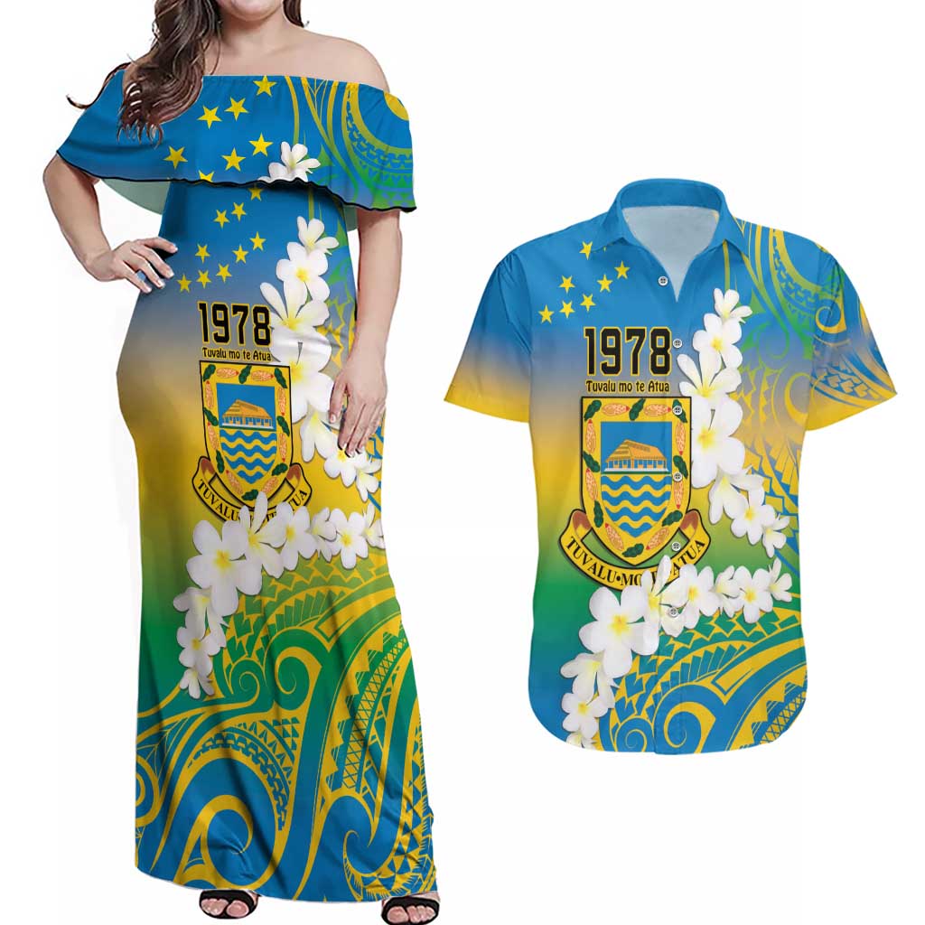 Personalised Tuvalu 1978 Independence Day Couples Matching Off Shoulder Maxi Dress and Hawaiian Shirt Polynesian Plumeria Style LT9 Gradient - Polynesian Pride