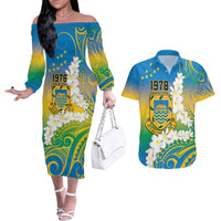 Personalised Tuvalu 1978 Independence Day Couples Matching Off The Shoulder Long Sleeve Dress and Hawaiian Shirt Polynesian Plumeria Style LT9 Gradient - Polynesian Pride