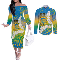 Personalised Tuvalu 1978 Independence Day Couples Matching Off The Shoulder Long Sleeve Dress and Long Sleeve Button Shirt Polynesian Plumeria Style LT9 Gradient - Polynesian Pride