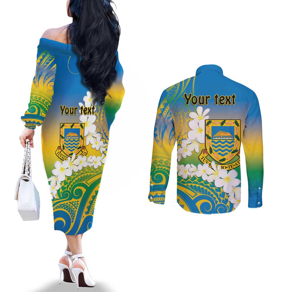 Personalised Tuvalu 1978 Independence Day Couples Matching Off The Shoulder Long Sleeve Dress and Long Sleeve Button Shirt Polynesian Plumeria Style LT9 - Polynesian Pride