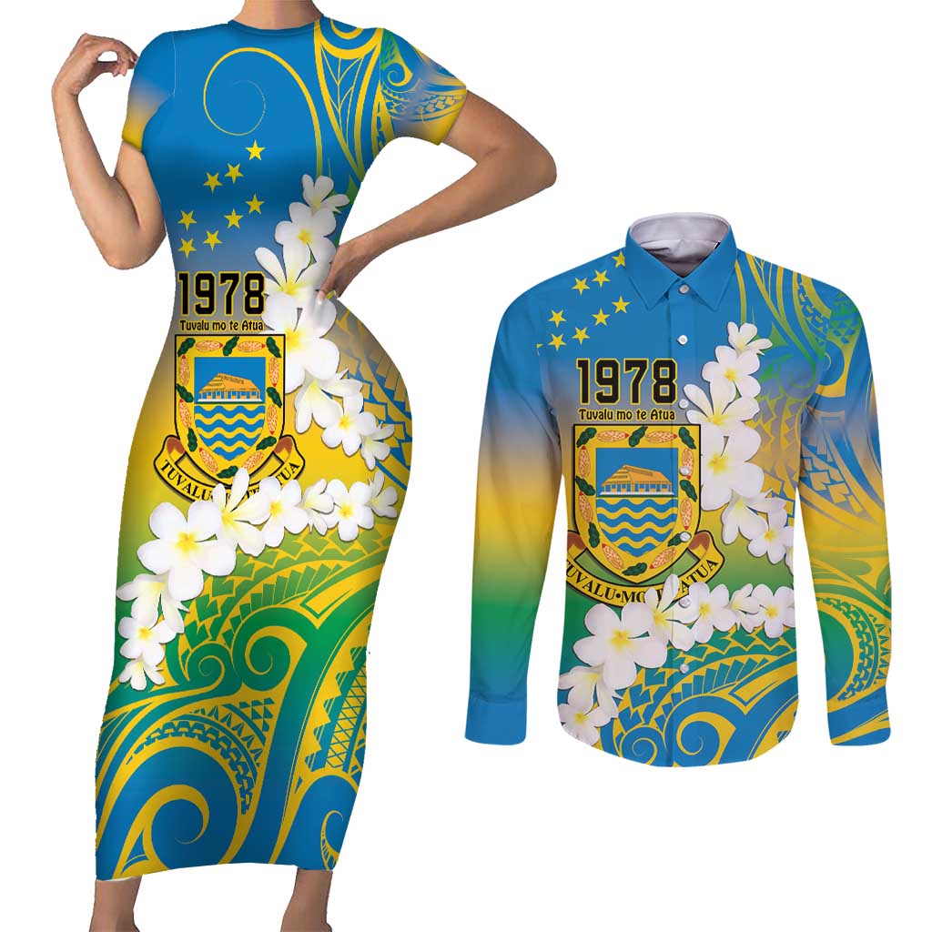 Personalised Tuvalu 1978 Independence Day Couples Matching Short Sleeve Bodycon Dress and Long Sleeve Button Shirt Polynesian Plumeria Style LT9 Gradient - Polynesian Pride