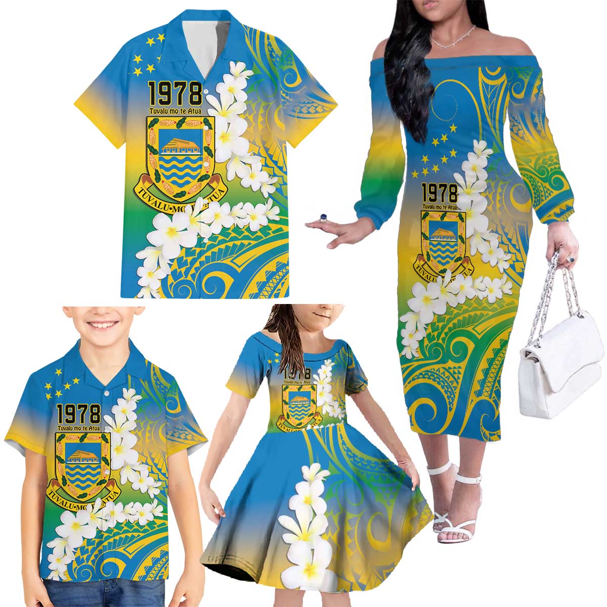 Personalised Tuvalu 1978 Independence Day Family Matching Off The Shoulder Long Sleeve Dress and Hawaiian Shirt Polynesian Plumeria Style LT9 - Polynesian Pride