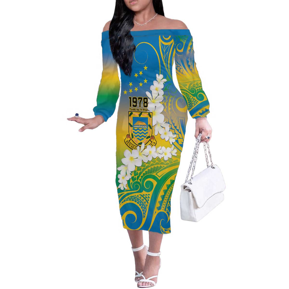 Personalised Tuvalu 1978 Independence Day Family Matching Off The Shoulder Long Sleeve Dress and Hawaiian Shirt Polynesian Plumeria Style LT9 Mom's Dress Gradient - Polynesian Pride