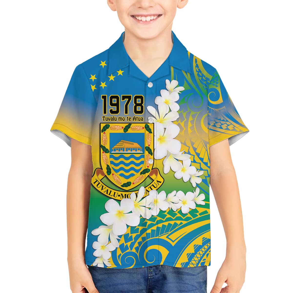 Personalised Tuvalu 1978 Independence Day Family Matching Off Shoulder Short Dress and Hawaiian Shirt Polynesian Plumeria Style LT9 Son's Shirt Gradient - Polynesian Pride