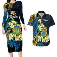 Personalised Tuvalu Beautiful Plumeria Flower Couples Matching Long Sleeve Bodycon Dress and Hawaiian Shirt LT9 Black - Polynesian Pride