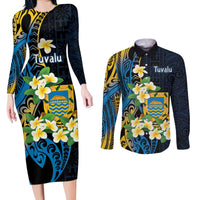 Personalised Tuvalu Beautiful Plumeria Flower Couples Matching Long Sleeve Bodycon Dress and Long Sleeve Button Shirt LT9 Black - Polynesian Pride