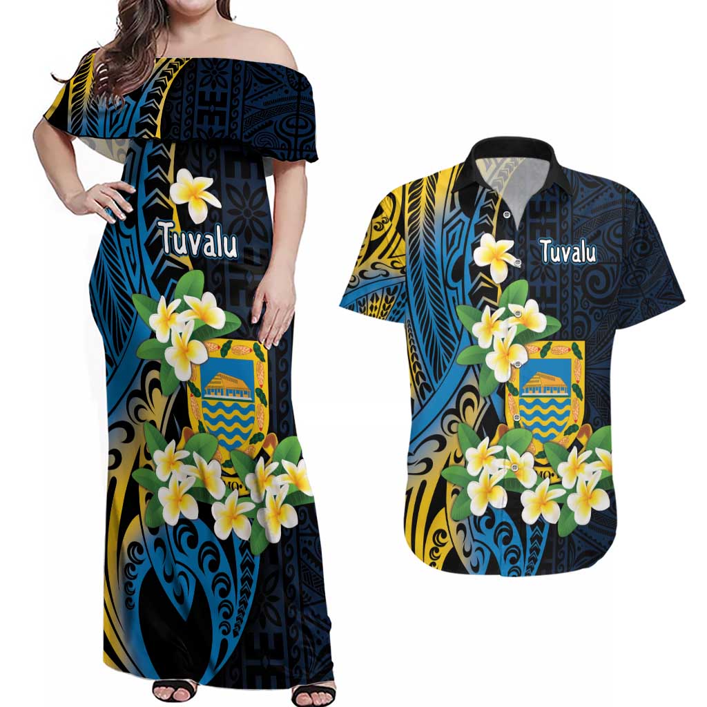 Personalised Tuvalu Beautiful Plumeria Flower Couples Matching Off Shoulder Maxi Dress and Hawaiian Shirt LT9 Black - Polynesian Pride