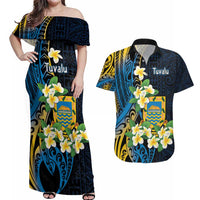 Personalised Tuvalu Beautiful Plumeria Flower Couples Matching Off Shoulder Maxi Dress and Hawaiian Shirt LT9 Black - Polynesian Pride