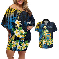 Personalised Tuvalu Beautiful Plumeria Flower Couples Matching Off Shoulder Short Dress and Hawaiian Shirt LT9 Black - Polynesian Pride