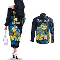 Personalised Tuvalu Beautiful Plumeria Flower Couples Matching Off The Shoulder Long Sleeve Dress and Long Sleeve Button Shirt LT9 - Polynesian Pride