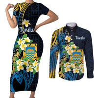 Personalised Tuvalu Beautiful Plumeria Flower Couples Matching Short Sleeve Bodycon Dress and Long Sleeve Button Shirt LT9 Black - Polynesian Pride